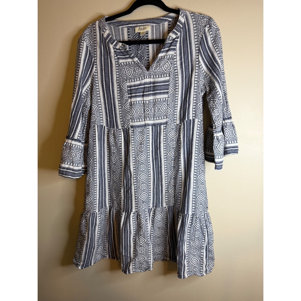 Style & Co Womens M Blue White Patchwork Boho Tunic Dress 3/4 Sleeve